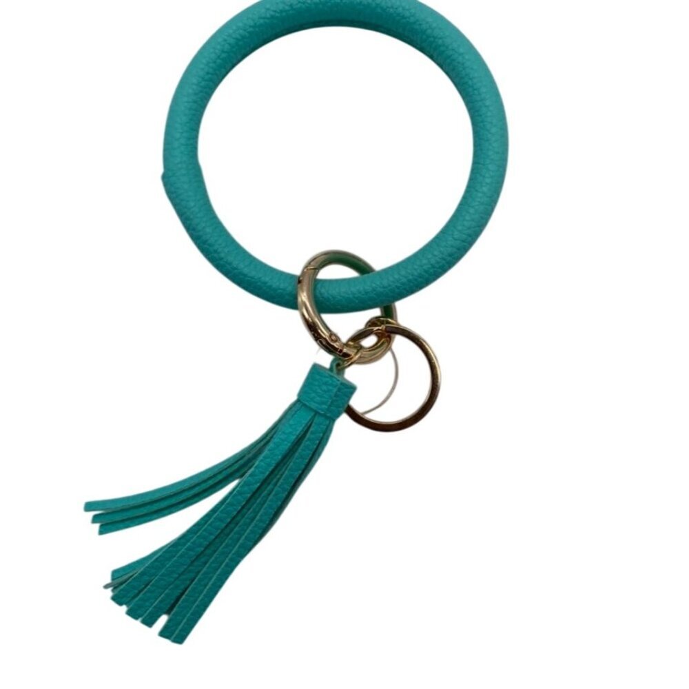 Mint Green Leather Tassel Bangle‎ Keychain With Sunburst Charm & Rings Wristlet
